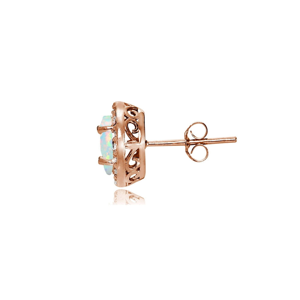 Rose Gold Flashed Sterling Silver Created White Opal and Cubic Zirconia Accents Oval Halo Stud Earrings-2