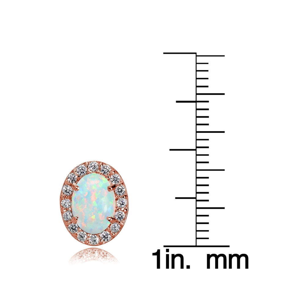Rose Gold Flashed Sterling Silver Created White Opal and Cubic Zirconia Accents Oval Halo Stud Earrings-3
