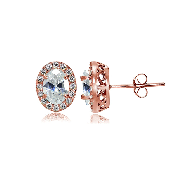 Rose Gold Flashed Sterling Silver Cubic Zirconia Oval Halo Stud Earrings