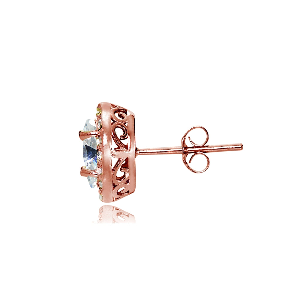 Rose Gold Flashed Sterling Silver Cubic Zirconia Oval Halo Stud Earrings-2