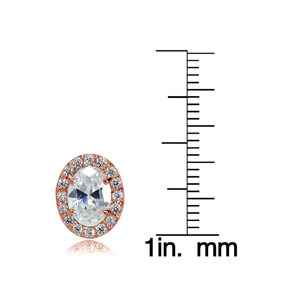 Rose Gold Flashed Sterling Silver Cubic Zirconia Oval Halo Stud Earrings-3