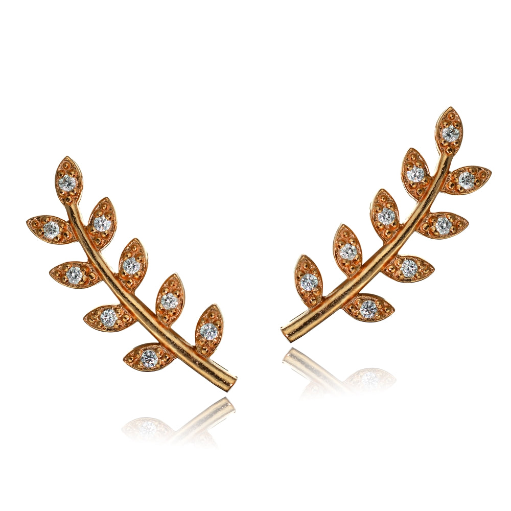 Rose Gold Tone over Sterling Silver Cubic Zirconia Leaf Crawler Climber Hook Earrings-2
