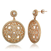 Rose Gold Tone over Sterling Silver Cubic Zirconia Filigree Medallion Dangle Earrings