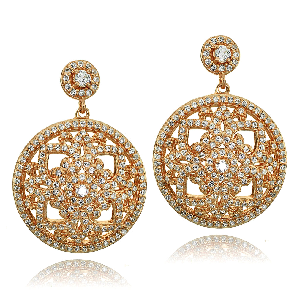 Rose Gold Tone over Sterling Silver Cubic Zirconia Filigree Medallion Dangle Earrings-2