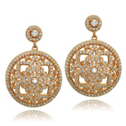 Rose Gold Tone over Sterling Silver Cubic Zirconia Filigree Medallion Dangle Earrings