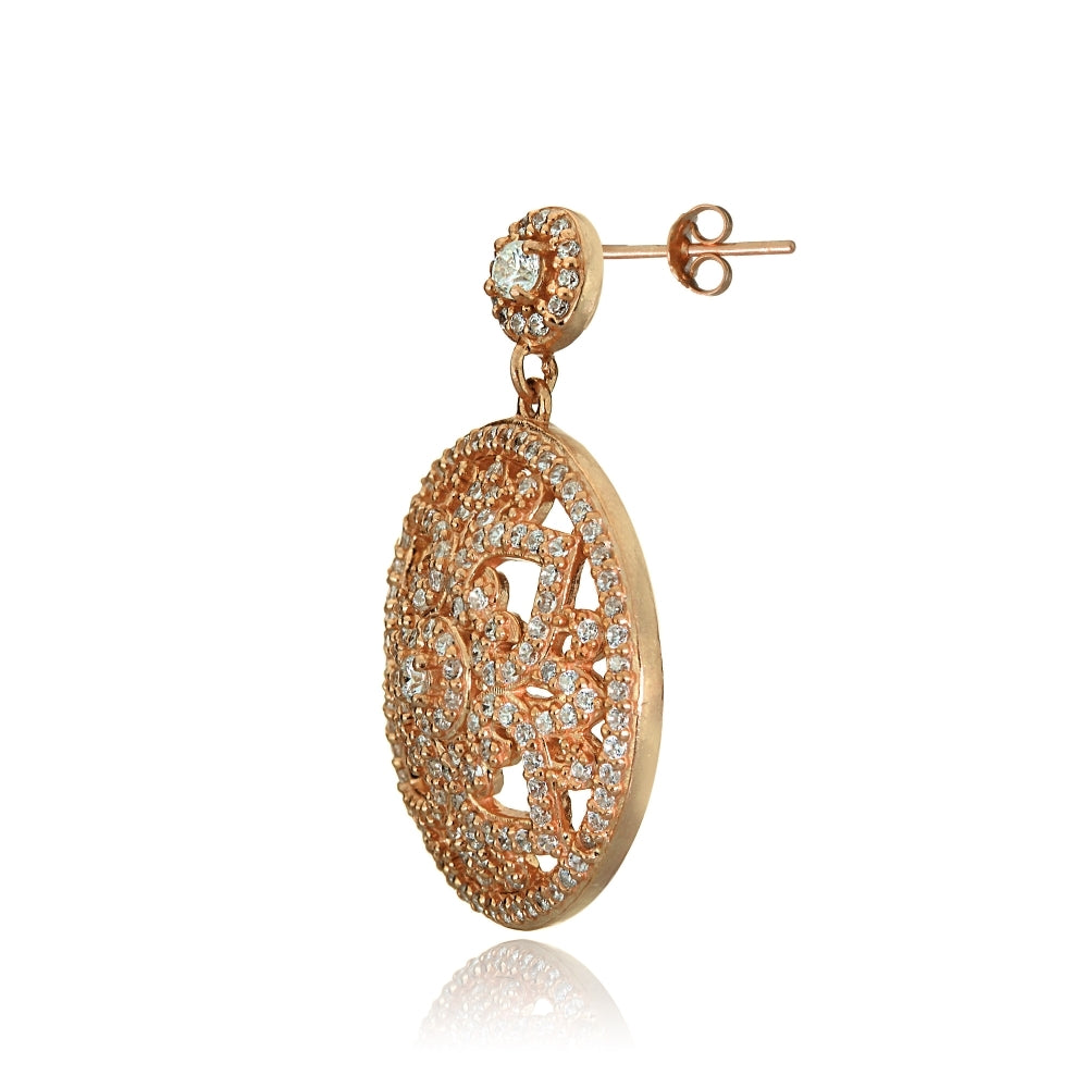 Rose Gold Tone over Sterling Silver Cubic Zirconia Filigree Medallion Dangle Earrings-3