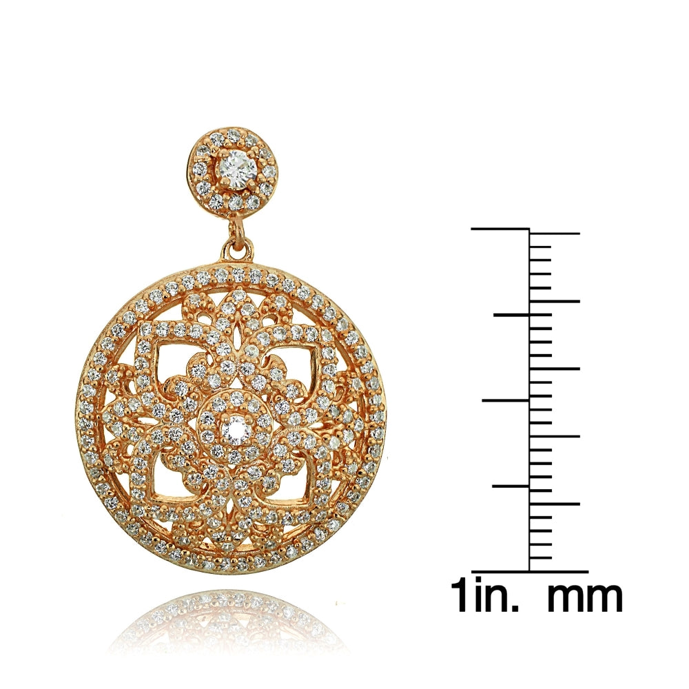 Rose Gold Tone over Sterling Silver Cubic Zirconia Filigree Medallion Dangle Earrings-4