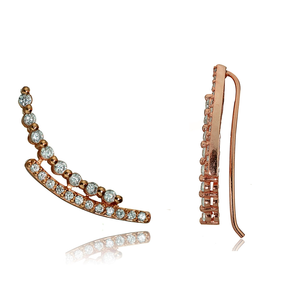 Rose Gold Tone over Sterling Silver Cubic Zirconia Three Stone Dangle or Drop Earrings