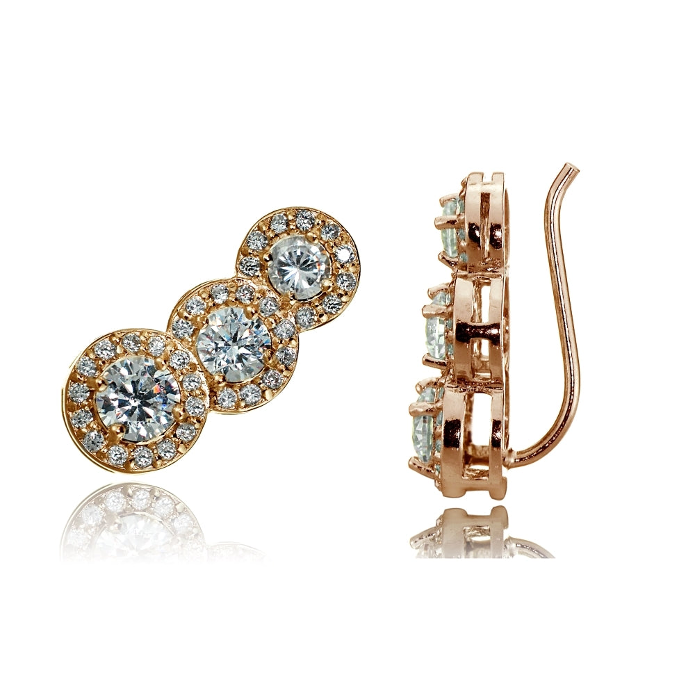 Rose Gold Tone over Sterling Silver Cubic Zirconia Three Stone Halo Crawler Climber Hook Earrings