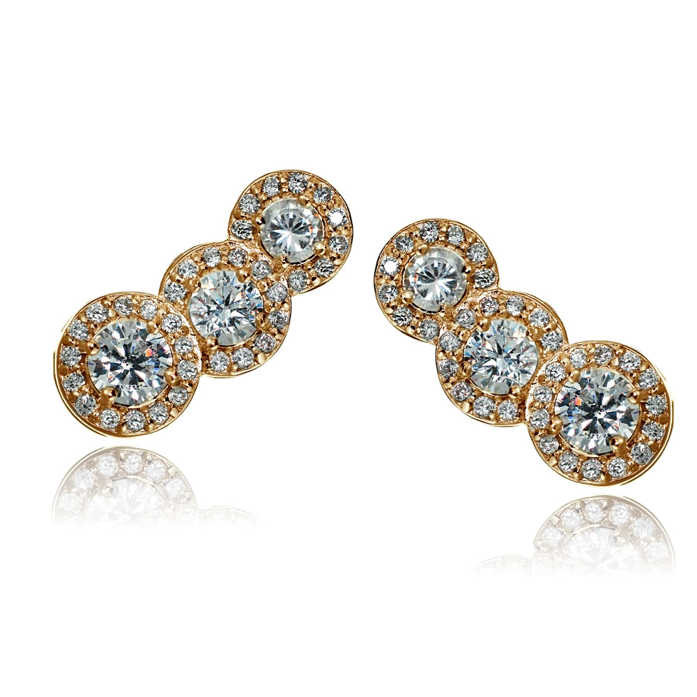 Rose Gold Tone over Sterling Silver Cubic Zirconia Three Stone Halo Crawler Climber Hook Earrings-2