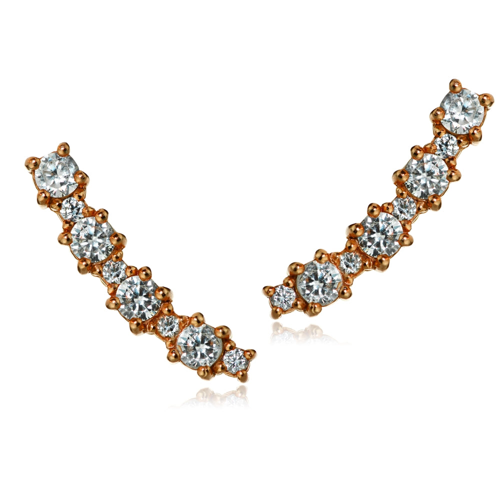 Rose Gold Tone over Sterling Silver Round Cubic Zirconia Curved Crawler Climber Hook Earrings-2