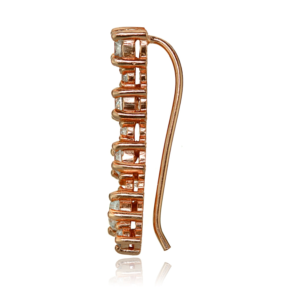 Rose Gold Tone over Sterling Silver Round Cubic Zirconia Curved Crawler Climber Hook Earrings-3