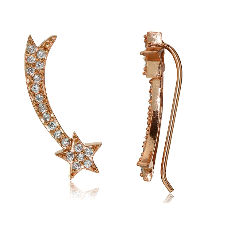 Rose Gold Tone over Sterling Silver Cubic Zirconia Shooting Star Crawler Climber Hook Earrings