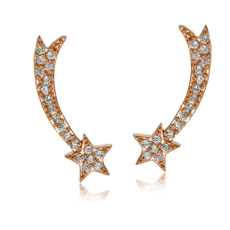 Rose Gold Tone over Sterling Silver Cubic Zirconia Shooting Star Crawler Climber Hook Earrings