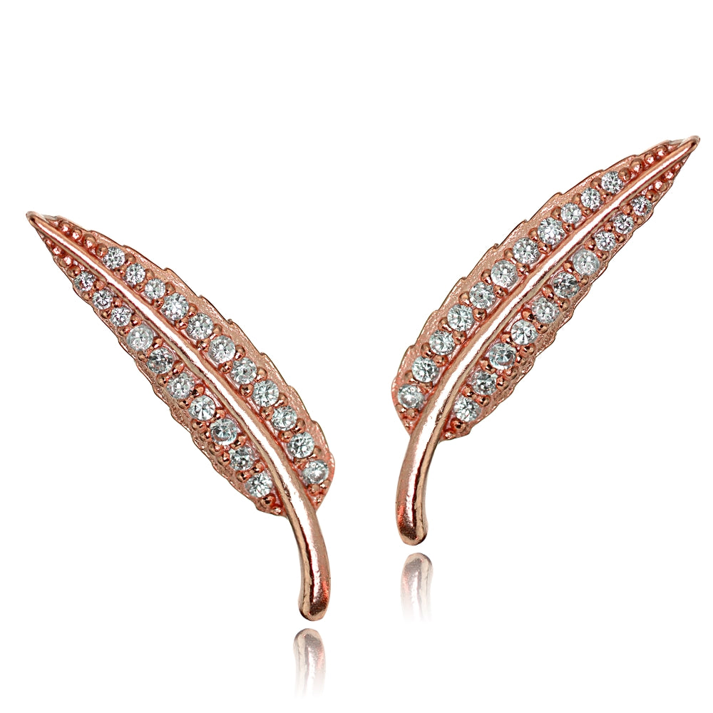 Rose Gold Tone over Sterling Silver Cubic Zirconia Leaf Crawler Climber Hook Earrings-2