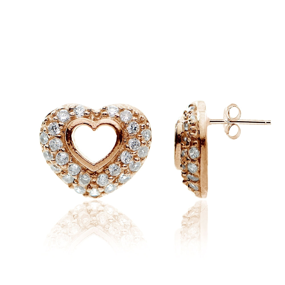 Rose Gold Tone over Sterling Silver Cubic Zirconia Open Heart Stud Earrings