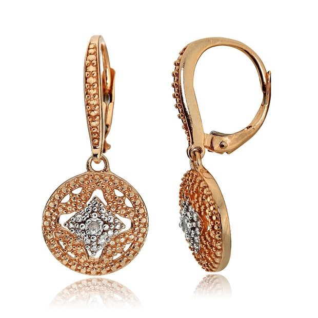 Rose Gold Tone over Sterling Silver Diamond Accent Filigree Medallion Dangle Leverback Earrings