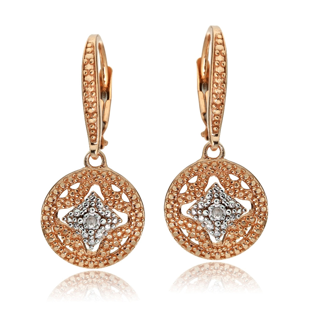 Rose Gold Tone over Sterling Silver Diamond Accent Filigree Medallion Dangle Leverback Earrings-2