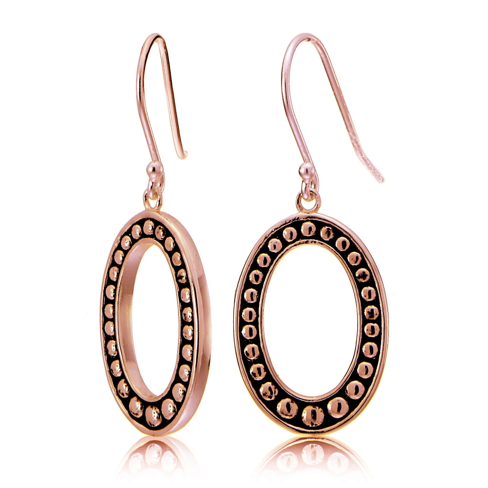 Rose Gold Tone over Sterling Silver Oxidized Pressed Beads Oval Dangle Earrings