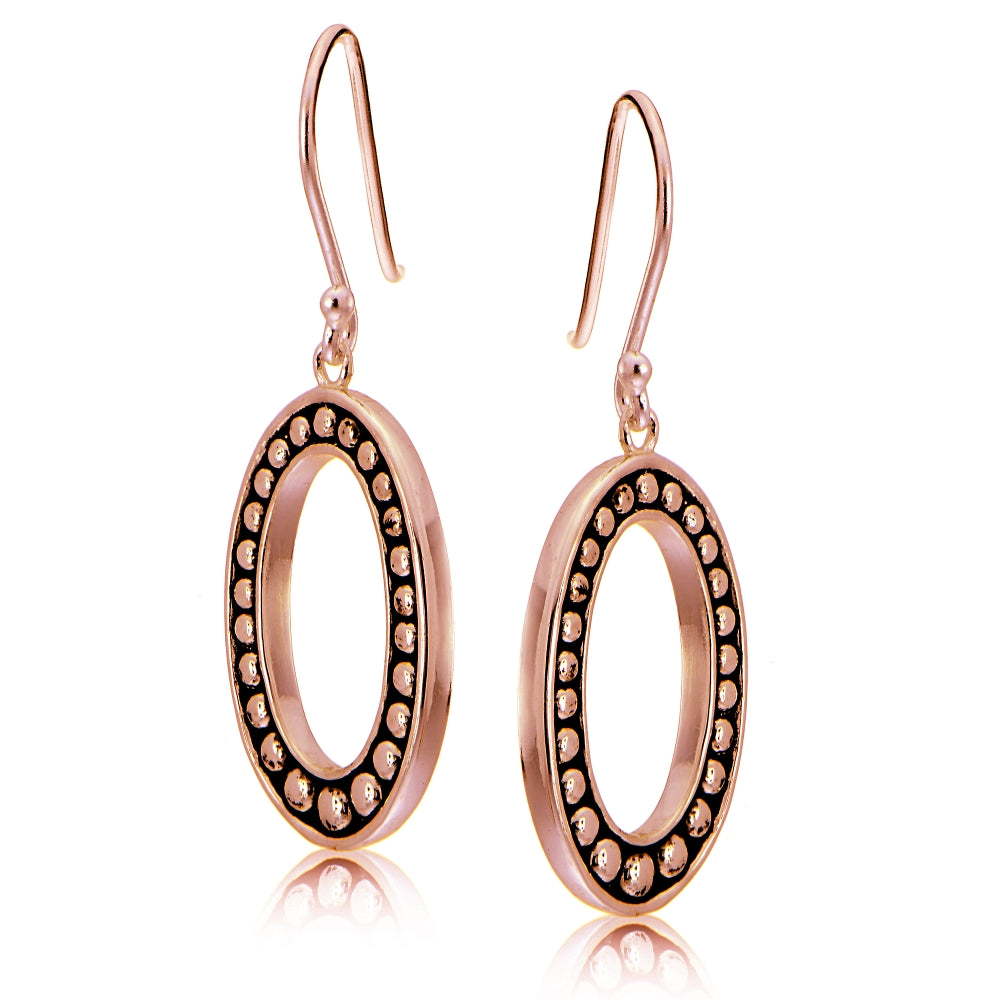Rose Gold Tone over Sterling Silver Oxidized Pressed Beads Oval Dangle Earrings-2