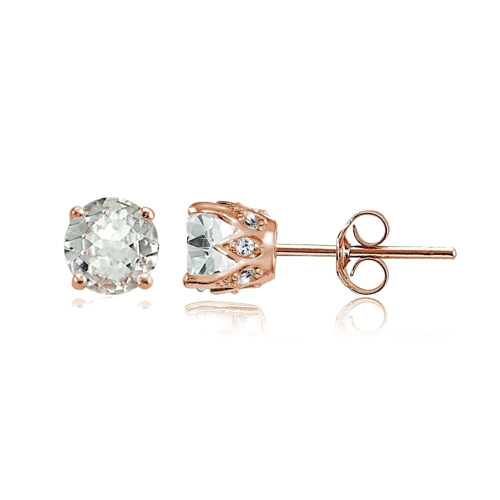 Rose Gold Flashed Sterling Silver Aquamarine and Cubic Zirconia Accents Crown Stud Earrings