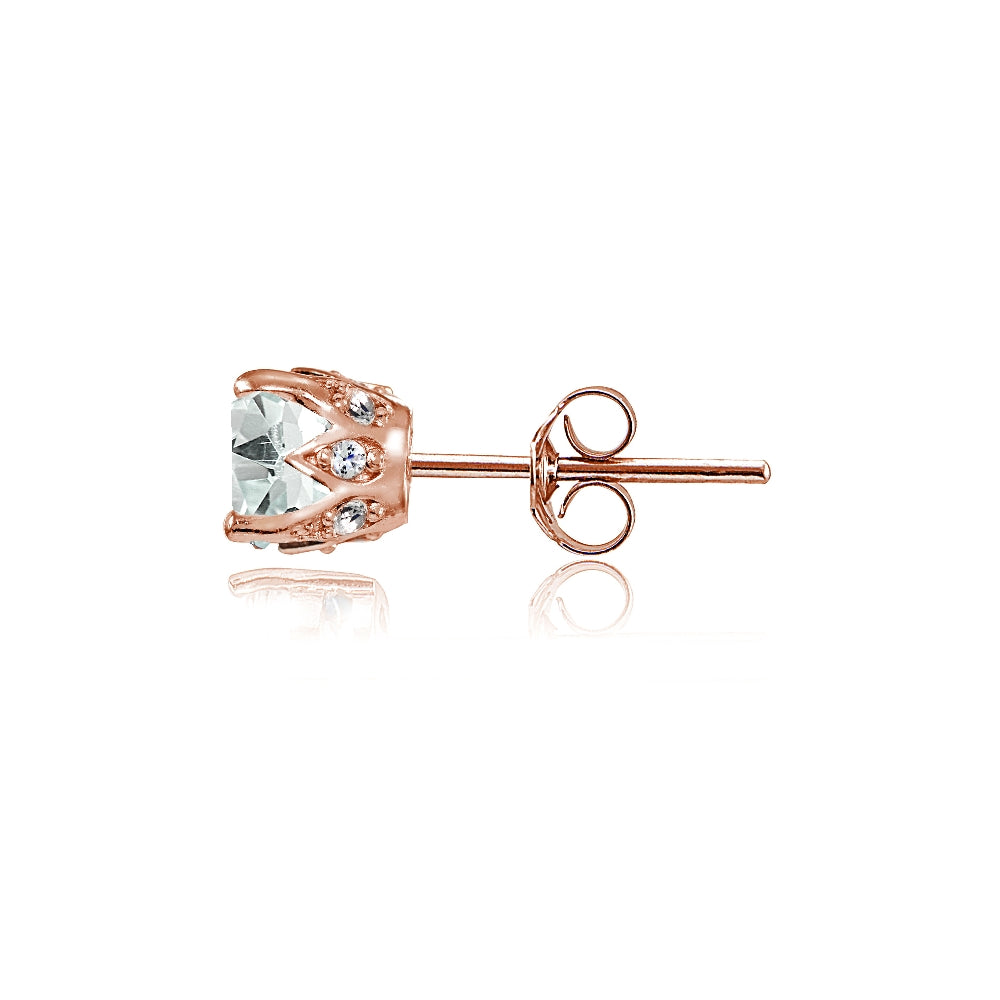 Rose Gold Flashed Sterling Silver Aquamarine and Cubic Zirconia Accents Crown Stud Earrings-3