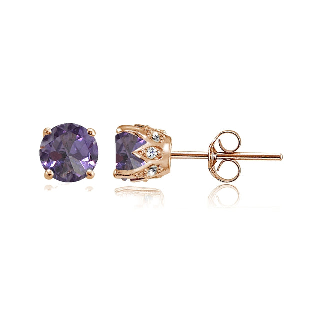 Rose Gold Flashed Sterling Silver Created Alexandrite and Cubic Zirconia Accents Crown Stud Earrings