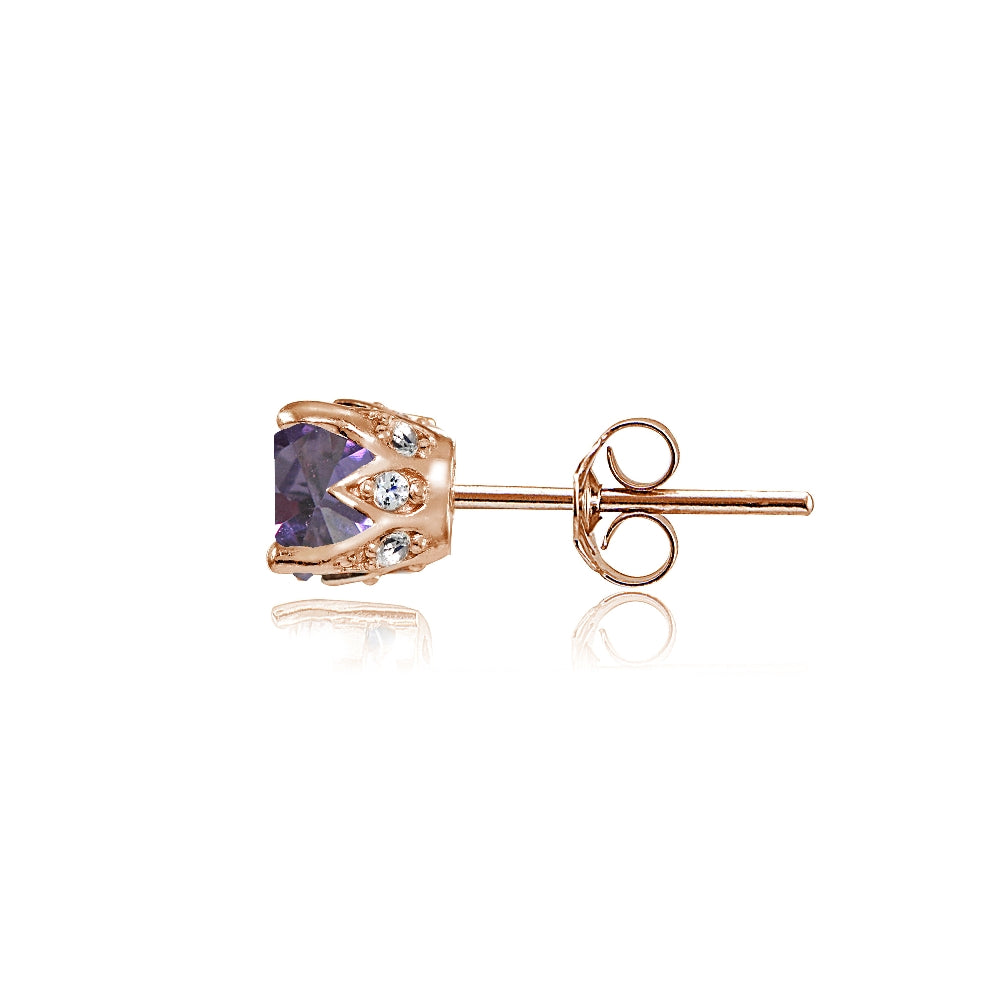 Rose Gold Flashed Sterling Silver Created Alexandrite and Cubic Zirconia Accents Crown Stud Earrings-3