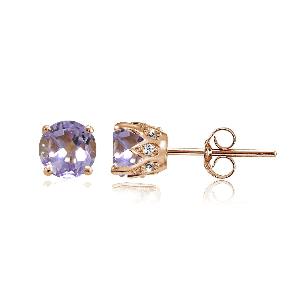 Rose Gold Flashed Sterling Silver Amethyst and Cubic Zirconia Accents Crown Stud Earrings