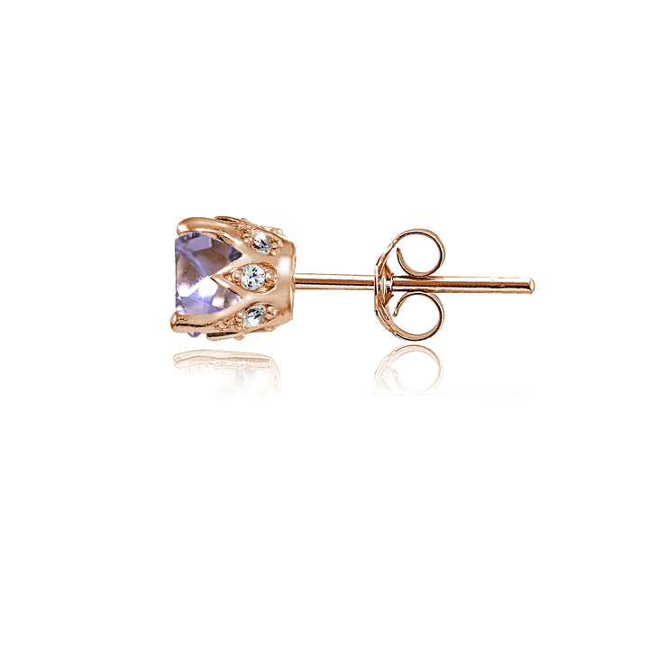 Rose Gold Flashed Sterling Silver Amethyst and Cubic Zirconia Accents Crown Stud Earrings