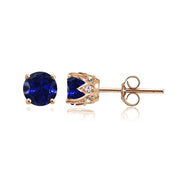 Rose Gold Flashed Sterling Silver Created Blue Sapphire and Cubic Zirconia Accents Crown Stud Earrings