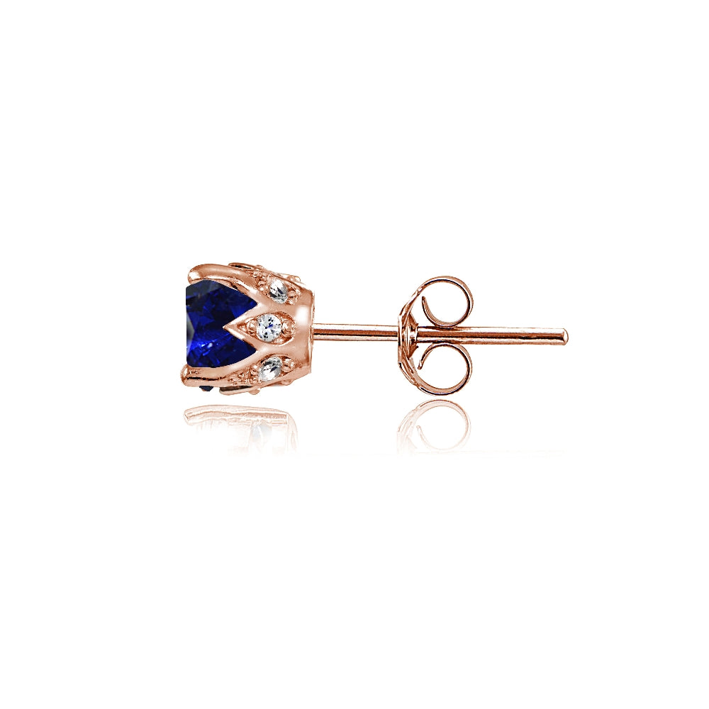 Rose Gold Flashed Sterling Silver Created Blue Sapphire and Cubic Zirconia Accents Crown Stud Earrings-3