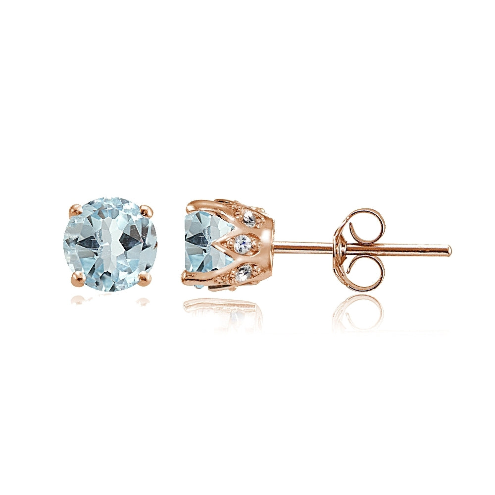 Rose Gold Flashed Sterling Silver Blue Topaz and Cubic Zirconia Accents Crown Stud Earrings