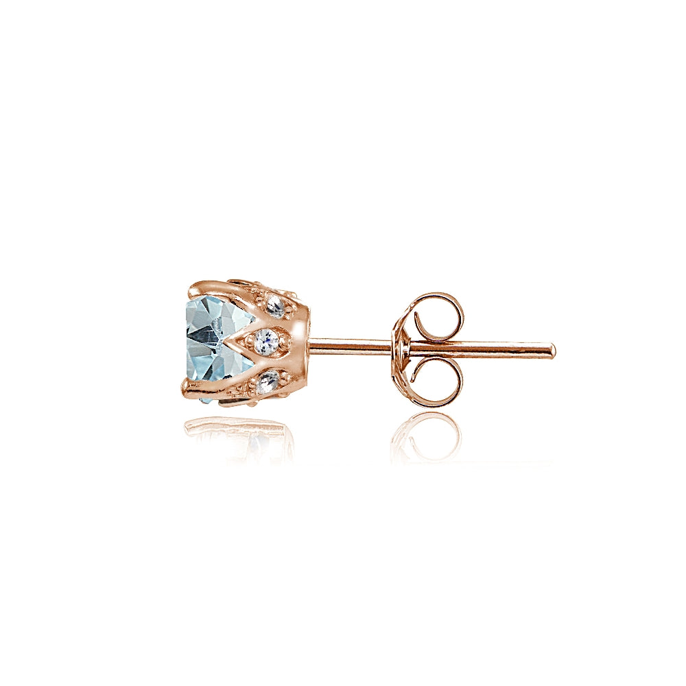 Rose Gold Flashed Sterling Silver Blue Topaz and Cubic Zirconia Accents Crown Stud Earrings-3