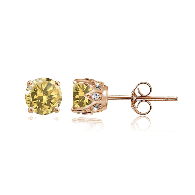 Rose Gold Flashed Sterling Silver Citrine and Cubic Zirconia Accents Crown Stud Earrings