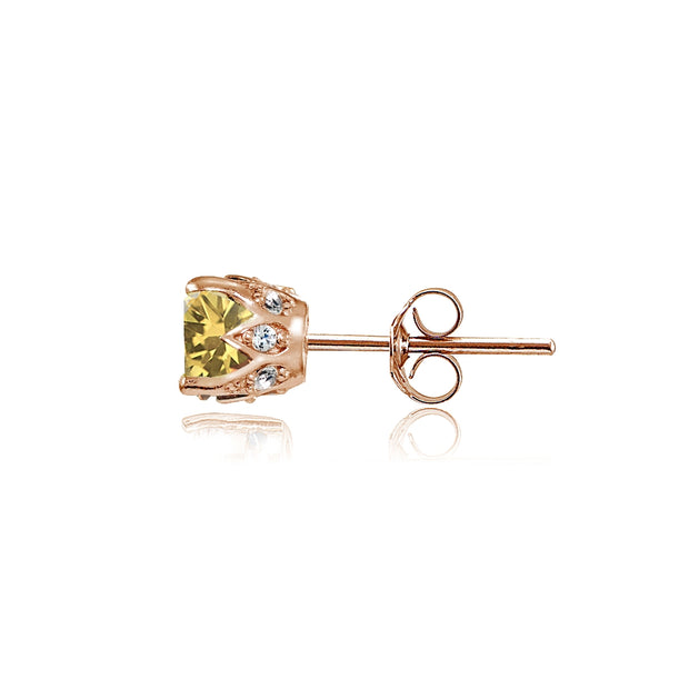 Rose Gold Flashed Sterling Silver Citrine and Cubic Zirconia Accents Crown Stud Earrings