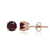 Rose Gold Flashed Sterling Silver Garnet and Cubic Zirconia Accents Crown Stud Earrings