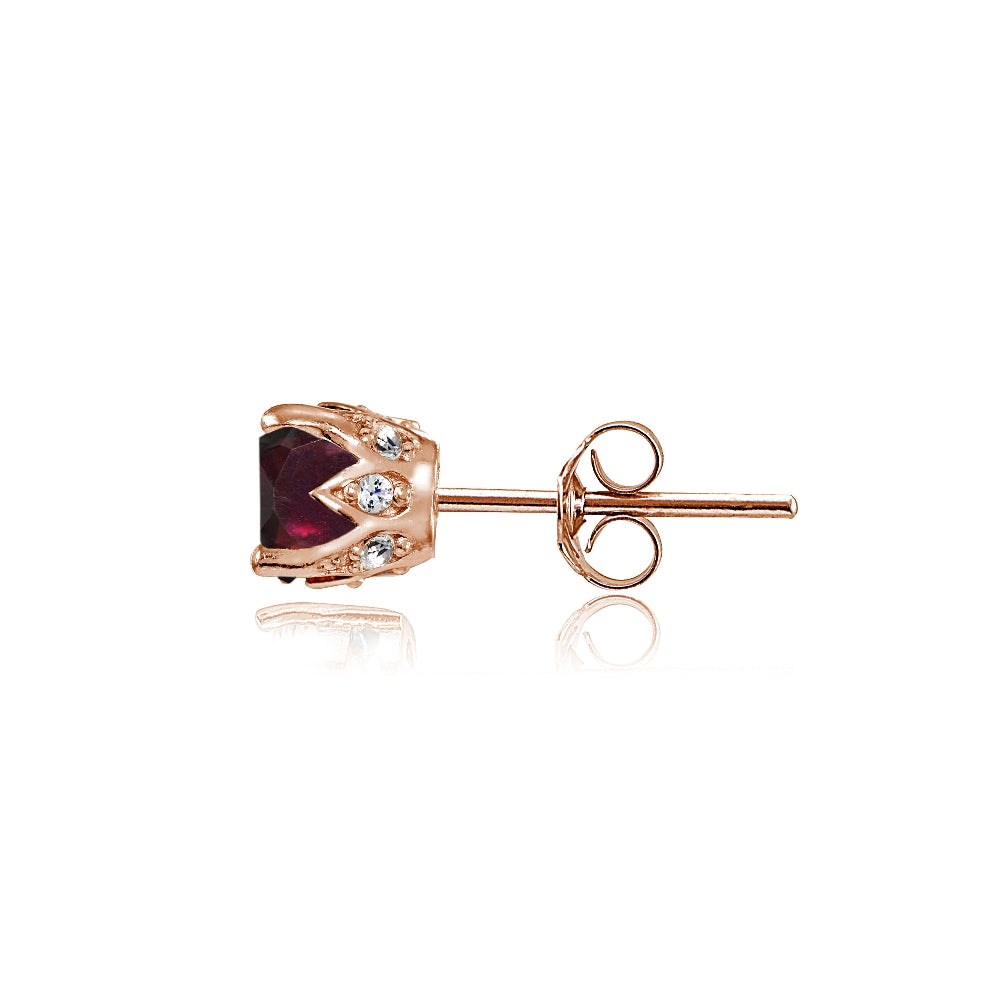 Rose Gold Flashed Sterling Silver Garnet and Cubic Zirconia Accents Crown Stud Earrings-3