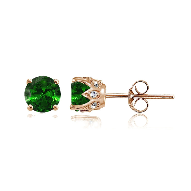 Rose Gold Flashed Sterling Silver Created Emerald and Cubic Zirconia Accents Crown Stud Earrings