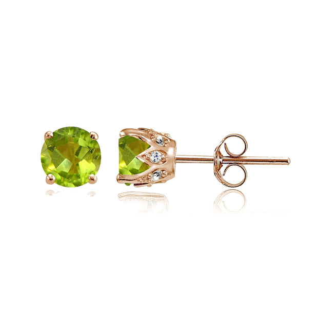 Rose Gold Flashed Sterling Silver Peridot and Cubic Zirconia Accents Crown Stud Earrings