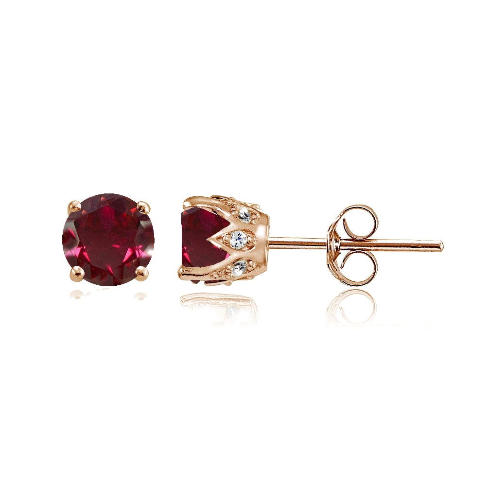 Rose Gold Flashed Sterling Silver Created Ruby and Cubic Zirconia Accents Crown Stud Earrings
