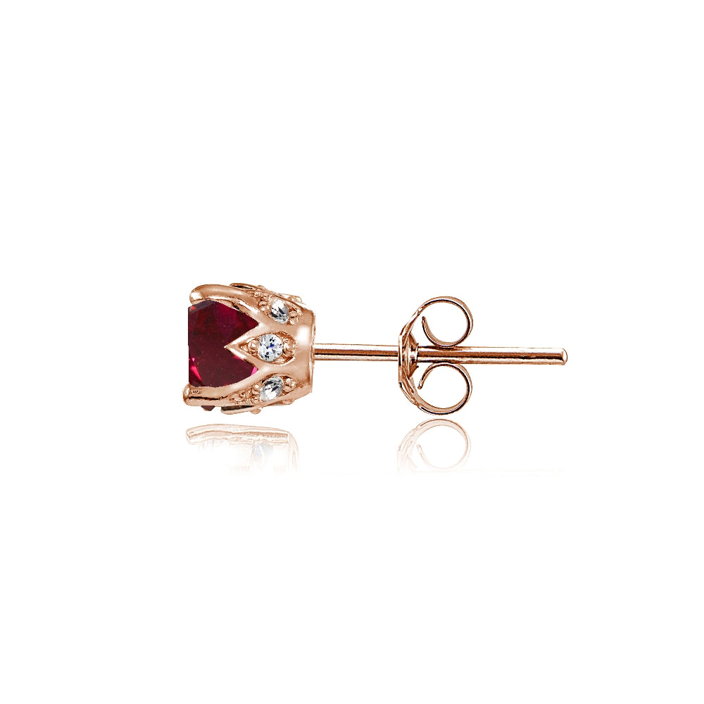 Rose Gold Flashed Sterling Silver Created Ruby and Cubic Zirconia Accents Crown Stud Earrings-3