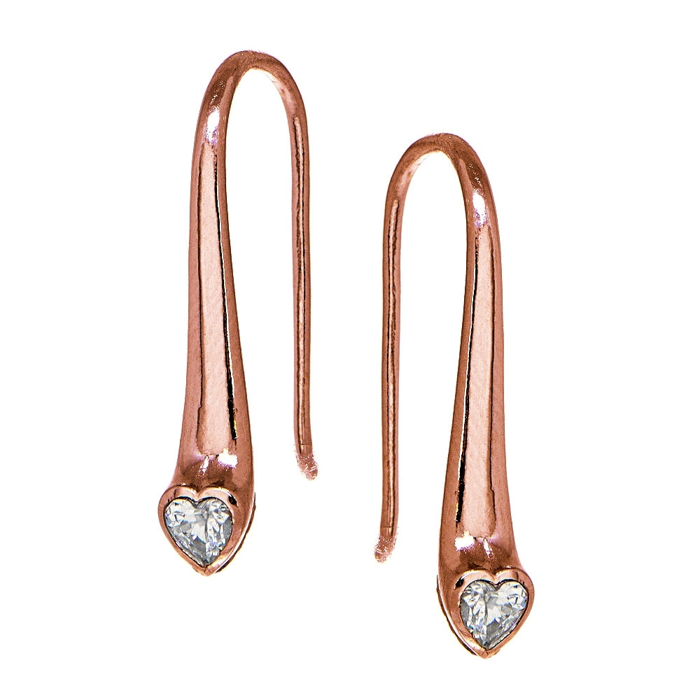 Rose Gold Flashed Sterling Silver Cubic Zirconia Heart Elongated Teardrop Hook Earrings