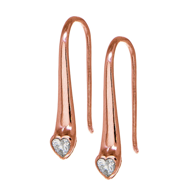 Rose Gold Flashed Sterling Silver Cubic Zirconia Heart Elongated Teardrop Hook Earrings