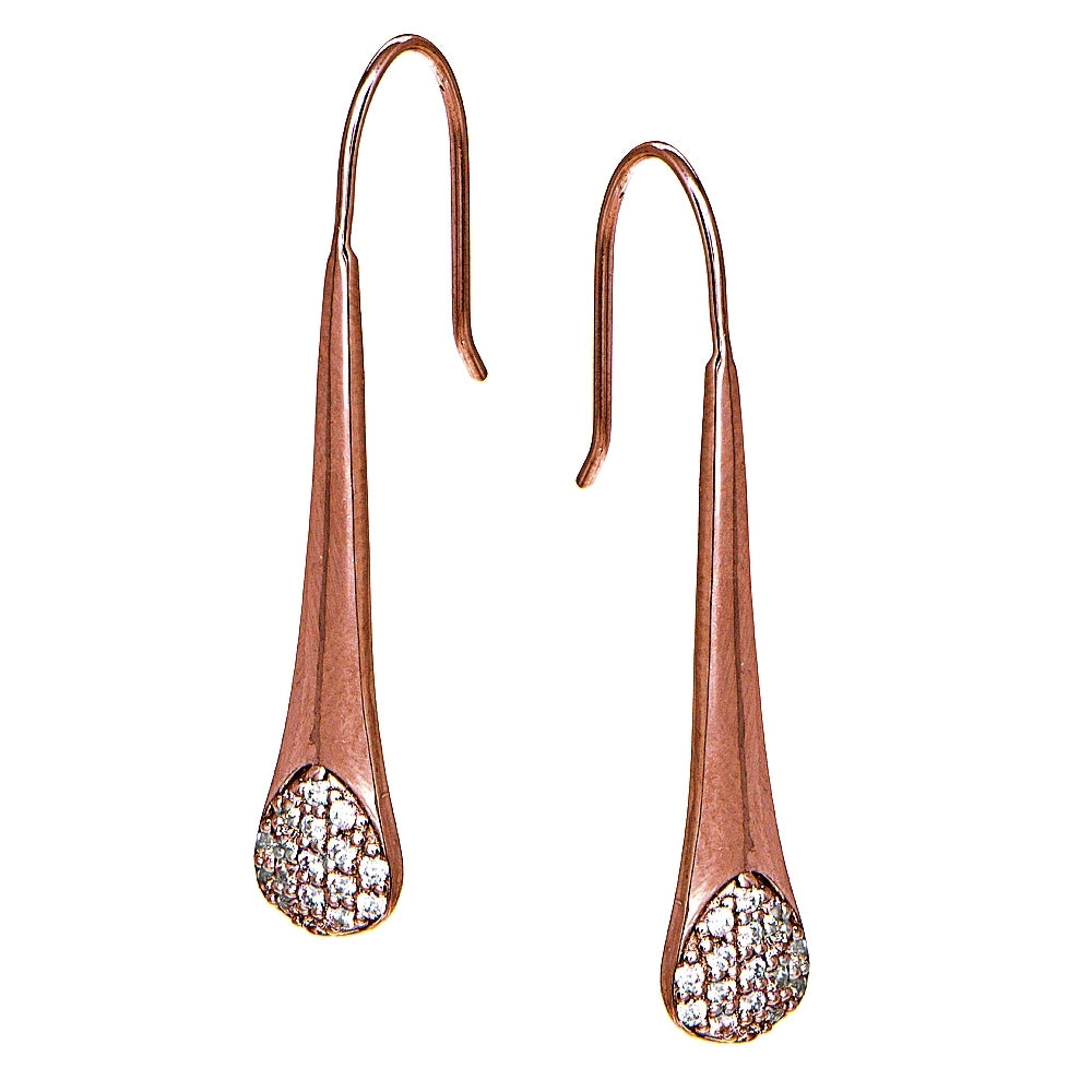 Rose Gold Flashed Sterling Silver Cubic Zirconia Elongated Teardrop Hook Earrings