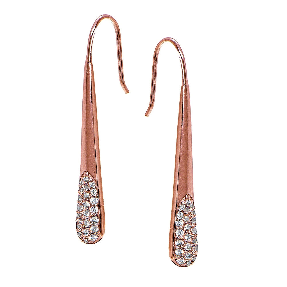 Rose Gold Flashed Sterling Silver Cubic Zirconia Elongated Teardrop Hook Drop Earrings