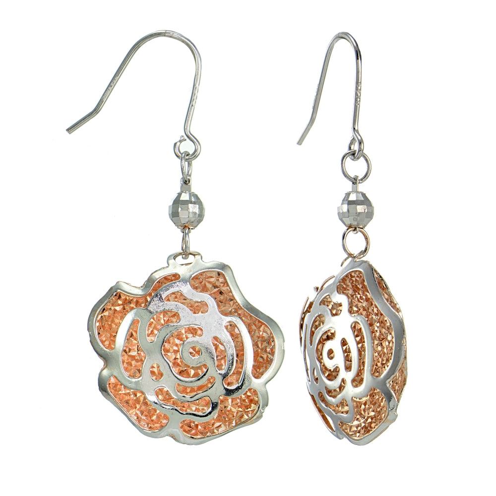 Rose Gold Flashed Sterling Silver Two Tone  Diamond-Cut Flower and Bead Earrings