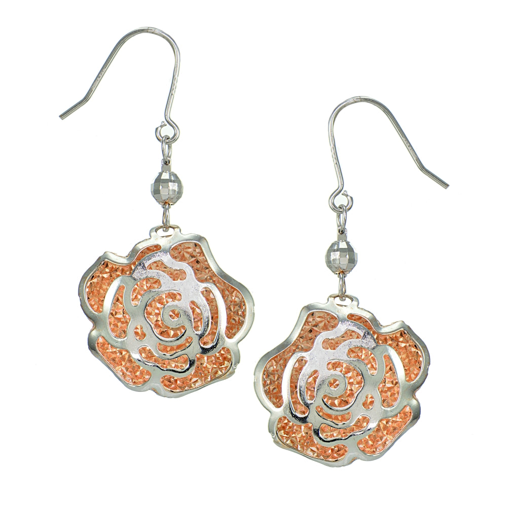 Rose Gold Flashed Sterling Silver Two Tone  Diamond-Cut Flower and Bead Earrings-2
