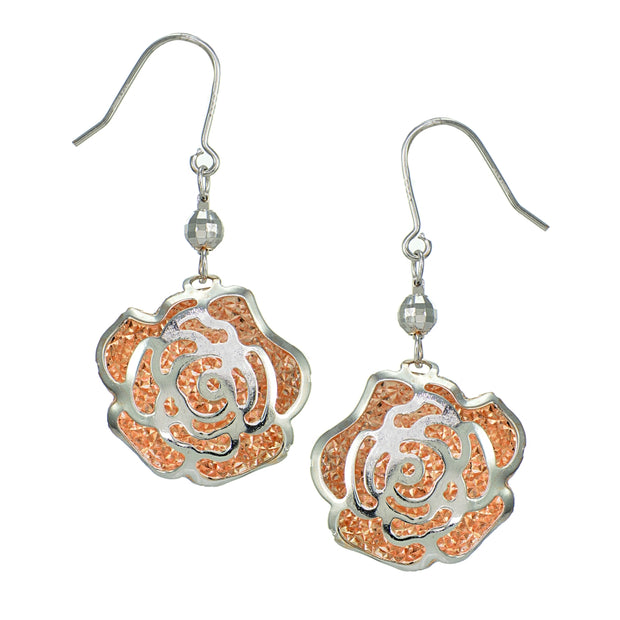Rose Gold Flashed Sterling Silver Two Tone  Diamond-Cut Flower and Bead Earrings