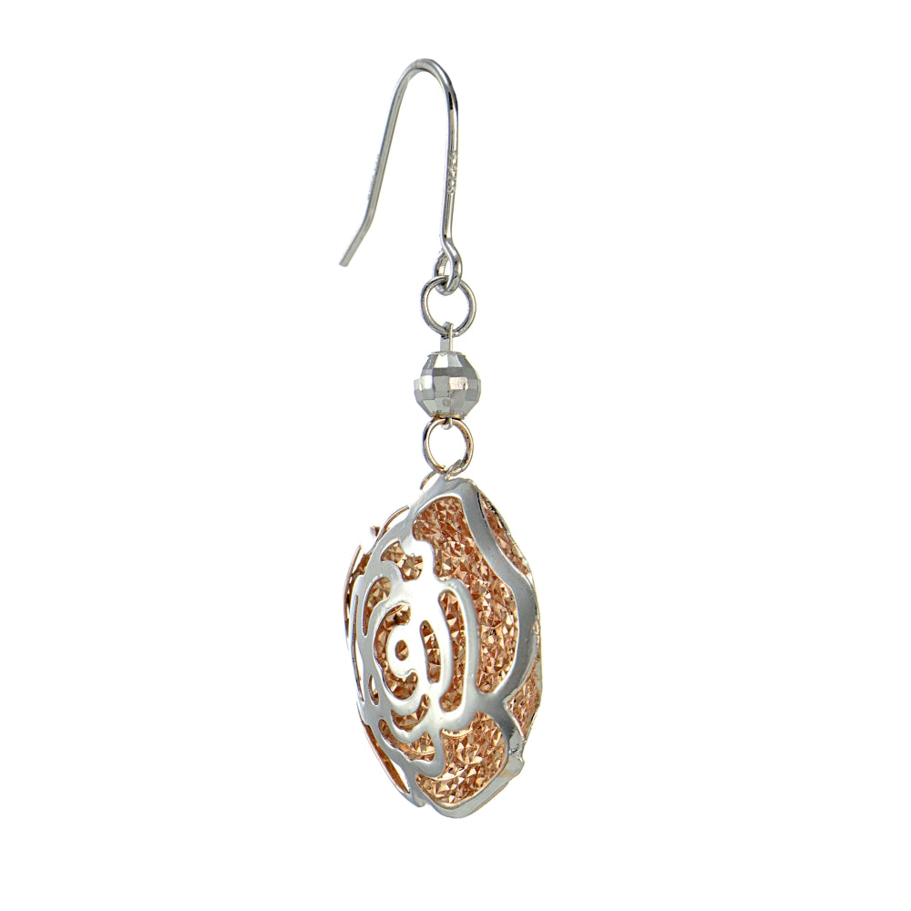 Rose Gold Flashed Sterling Silver Two Tone  Diamond-Cut Flower and Bead Earrings-3
